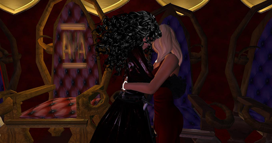 head Governess Kara and Queen Talin hugs at AYA Sissy Maid Sanctuary Throne room