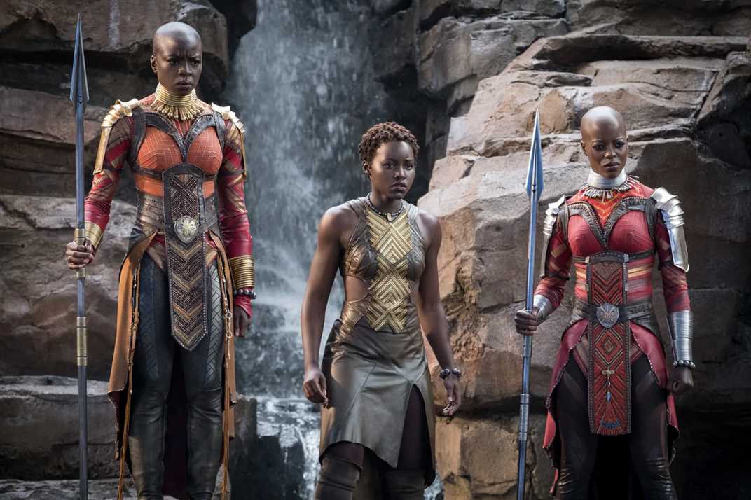 Nakia (Lupita Nyong’o) is flanked by Okoye (Danai Gurira) and Ayo (Florence Kasumba), two members of Wakanda’s Dora Milaje