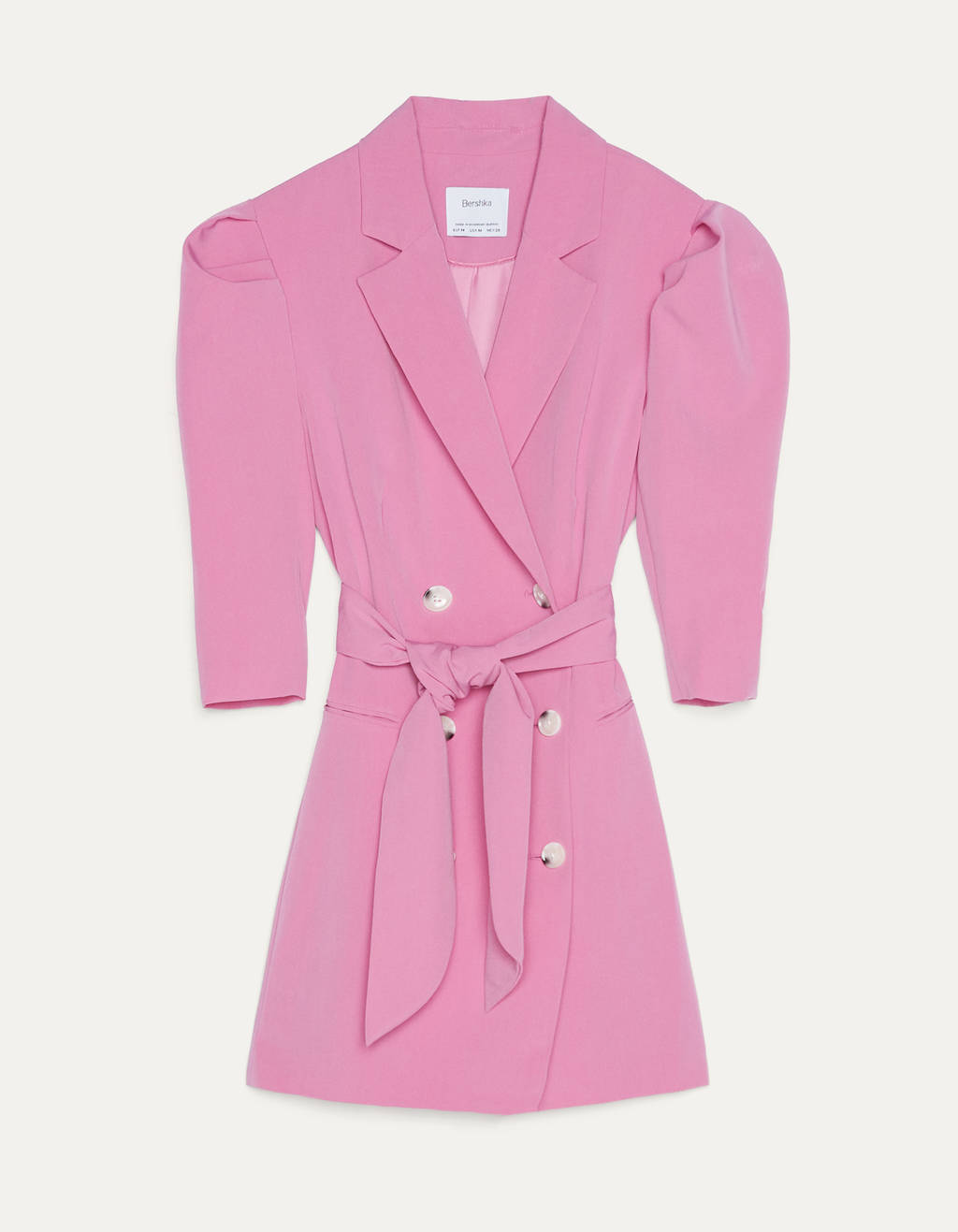 Vestido barato online, de color rosa con forma de blazer y cinturón, de la tienda Bershka