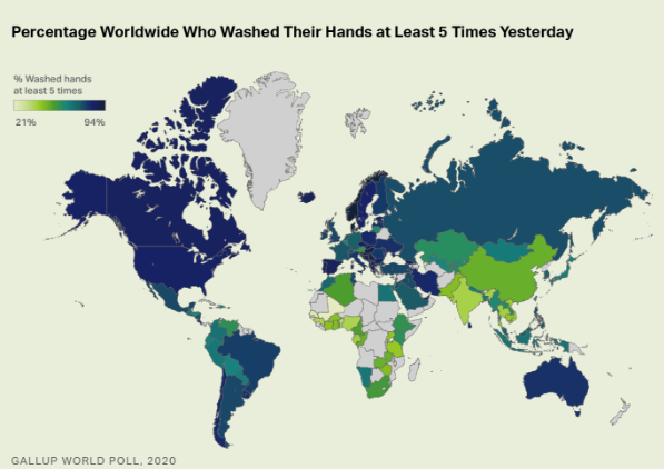 Graph of the world and the percentage of people who wash their hands five or more times a day.