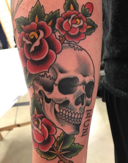 skull and rose flower tattoo for leg