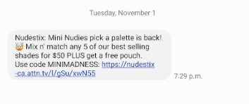 nudestix text message on customers screenshot