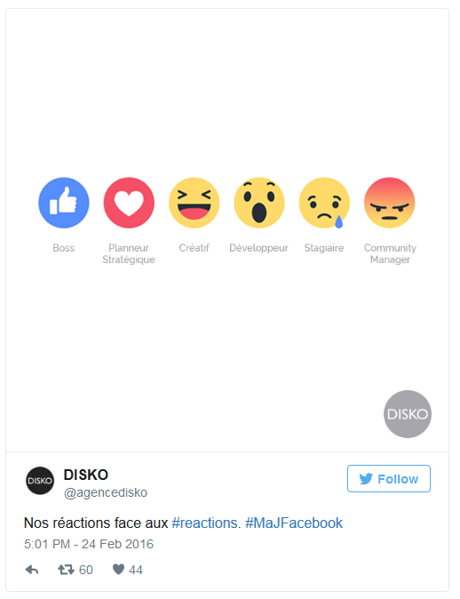 Le tweet de l'agence Disko : où comment les Facebook Reactions peuvent impacter le quotidienn des Social Media Workers ;-)