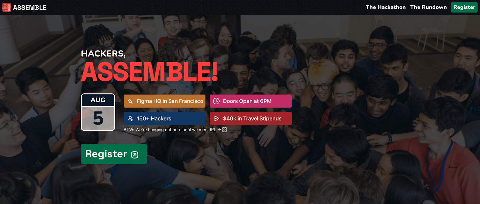 Hack Club's registration page for Assemble, our upcoming hackathon