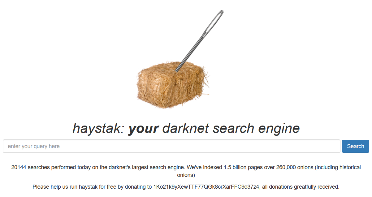 Haystak search engine homepage with search field