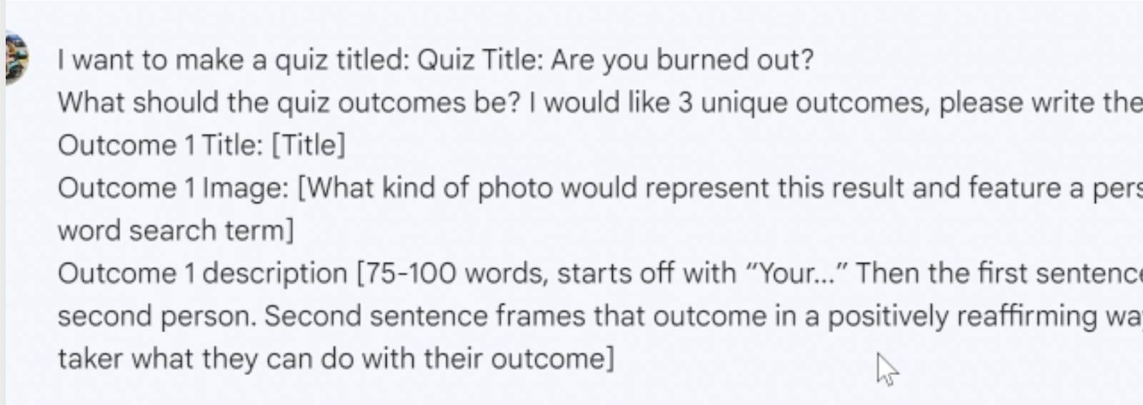 prompt example to getting quiz outcomes from AI