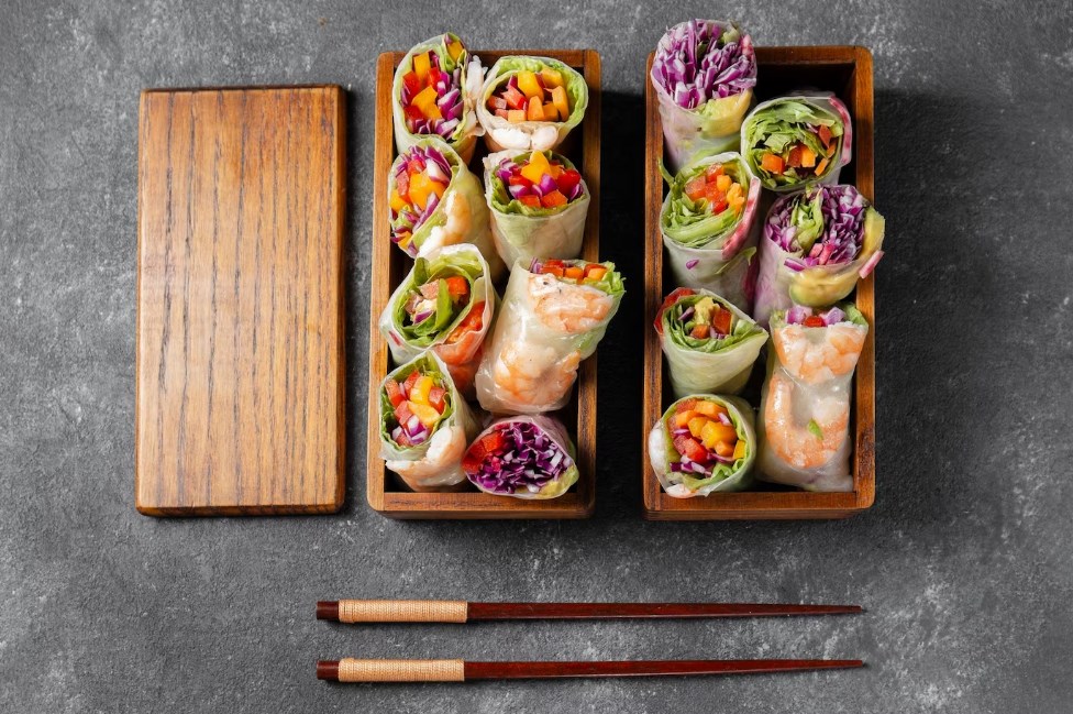 Vietnamese rice paper wraps in wooden boxes
