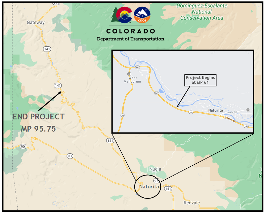 Map of Naturita showing the project start and end at mile points 61 - 95.75