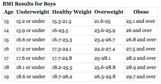 Average BMI results for teen boys