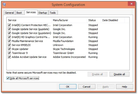 hide all microsoft services to fix error code 15107