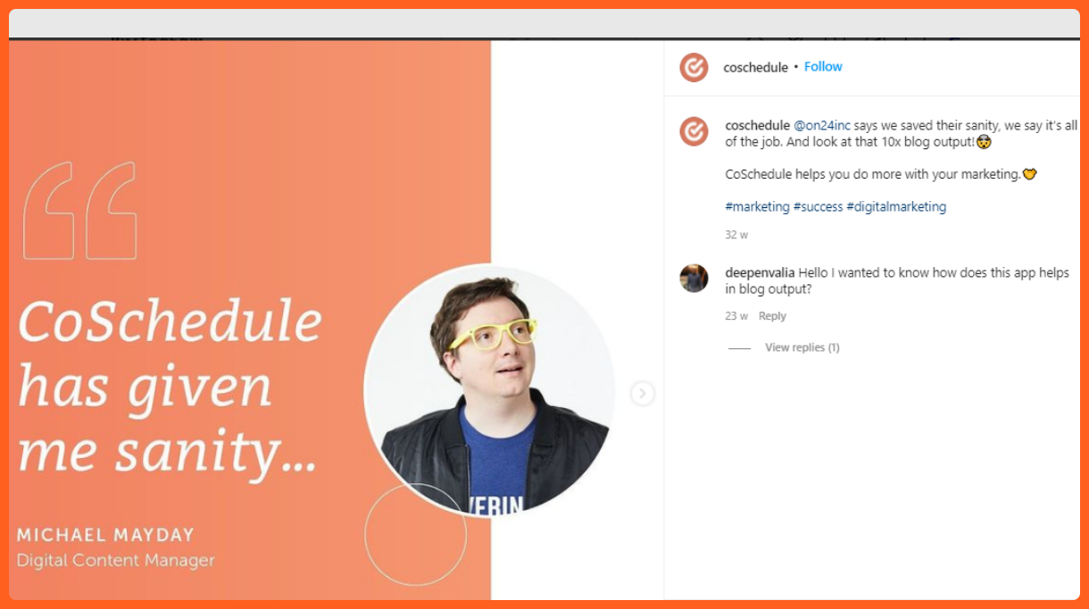 Coschedule sharing customer testimonial and review on Instagram
