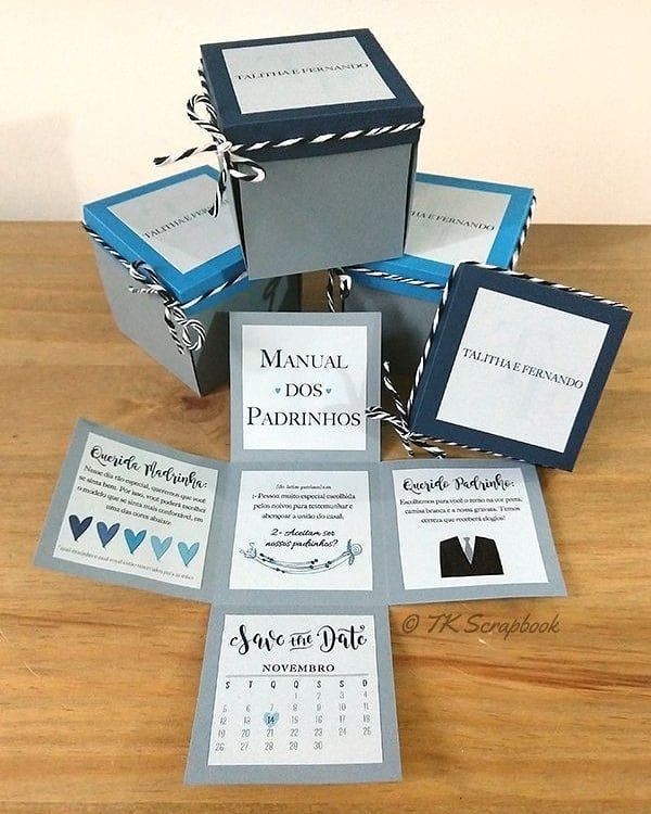 Manual dos padrinhos em forma de caixa explosão para convite de casamento.