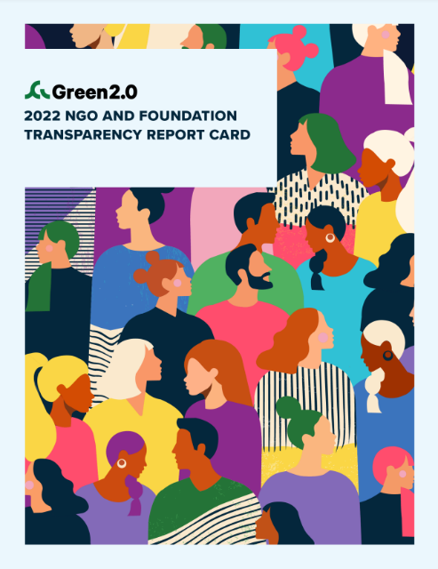 A colorful book cover that says Green2.0 2022 NGO and Foundation Transparency Report Card.