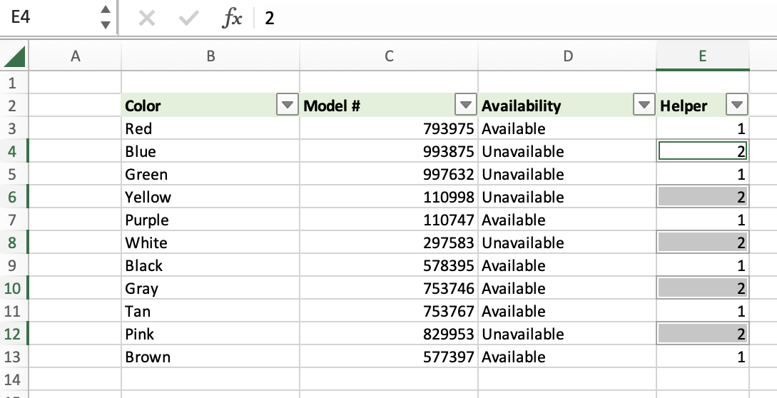 Table with colors, model numbers, availability, nd a helper column to help select every other row in Excel