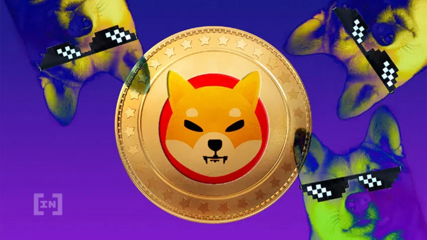 Man sieht eine grosse Münze mit dem Shiba Inu Token Logo sowie mehrere Shiba Hunde mit Meme-Sonnenbrillen - Ein Bild von BeInCrypto.com.