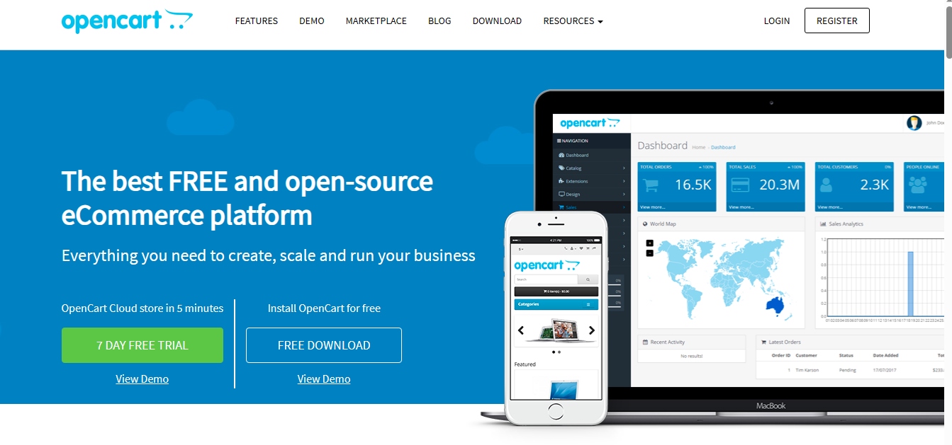 The image shows OpenCart's (an open-source eCommerce platform) landing page. 