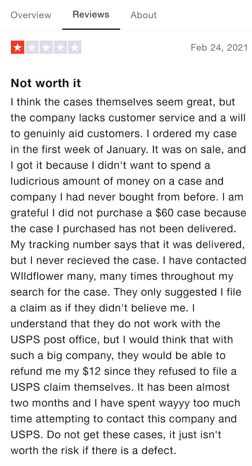 A Wildflower case review from Trustpilot 