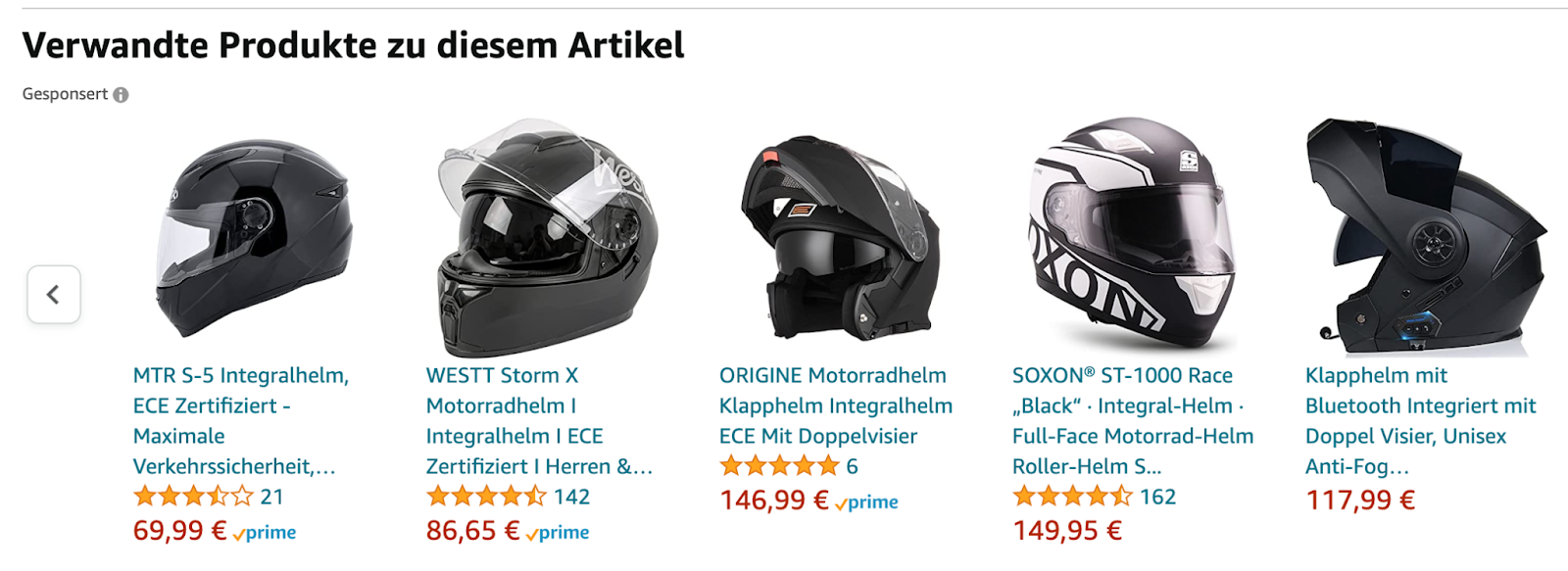 Screenshot von Sponsored Product Ads für den Suchbegriff “Motorradhelm”