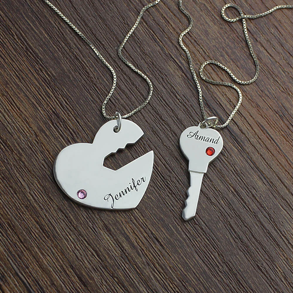 Engraved Key to My Heart Name Pendant Set For Couples