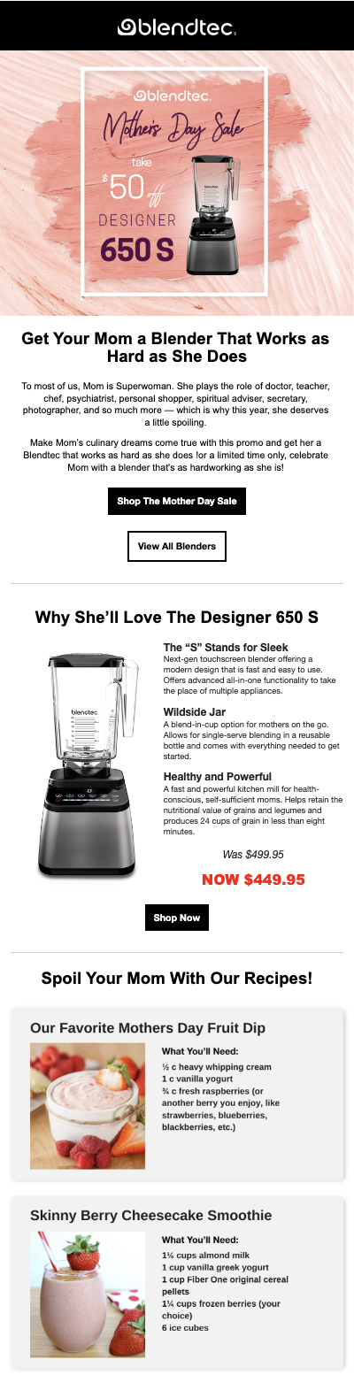 Mother's Day blender promotion email