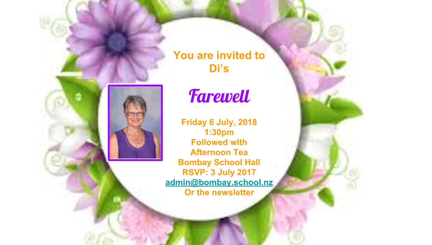 Speeches and presentations for Mrs Rolfe will take place at approximately 2:20pm onward, followed by a mix and mingle afternoon tea.  All Welcome    When: 6 July. School Hall