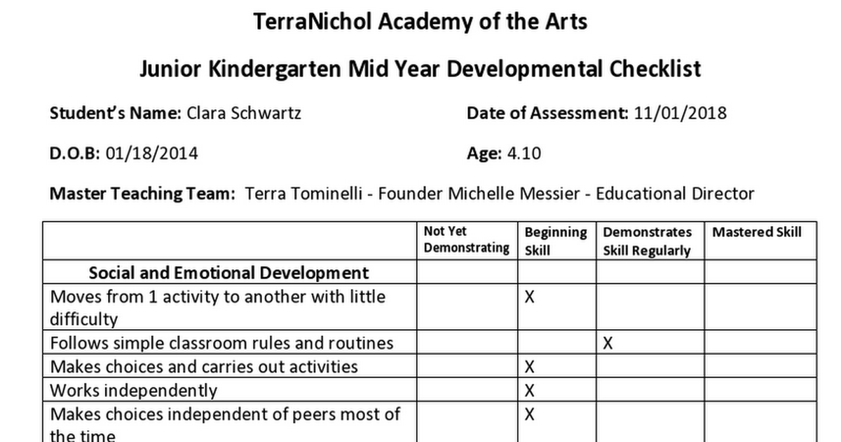 Clara Schwartz Junior Kindergarten 2018 Mid Year Developmental Checklist