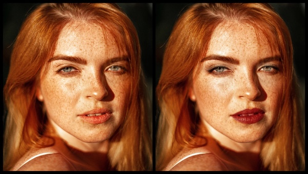 Montagem com 2 fotos da mesma mulher mostrando o antes e depois da edição da maquiagem Glitz do AirBrush