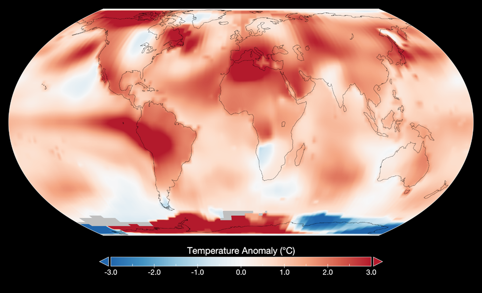 World map of temperature anomaly in Celsius. Scale goes from -3.0 degrees shown in deep blue to 0 degrees in white and then up to 3.0 degrees in deep red. Most of the map shows in varying shades of red indicating overall higher global temperatures.