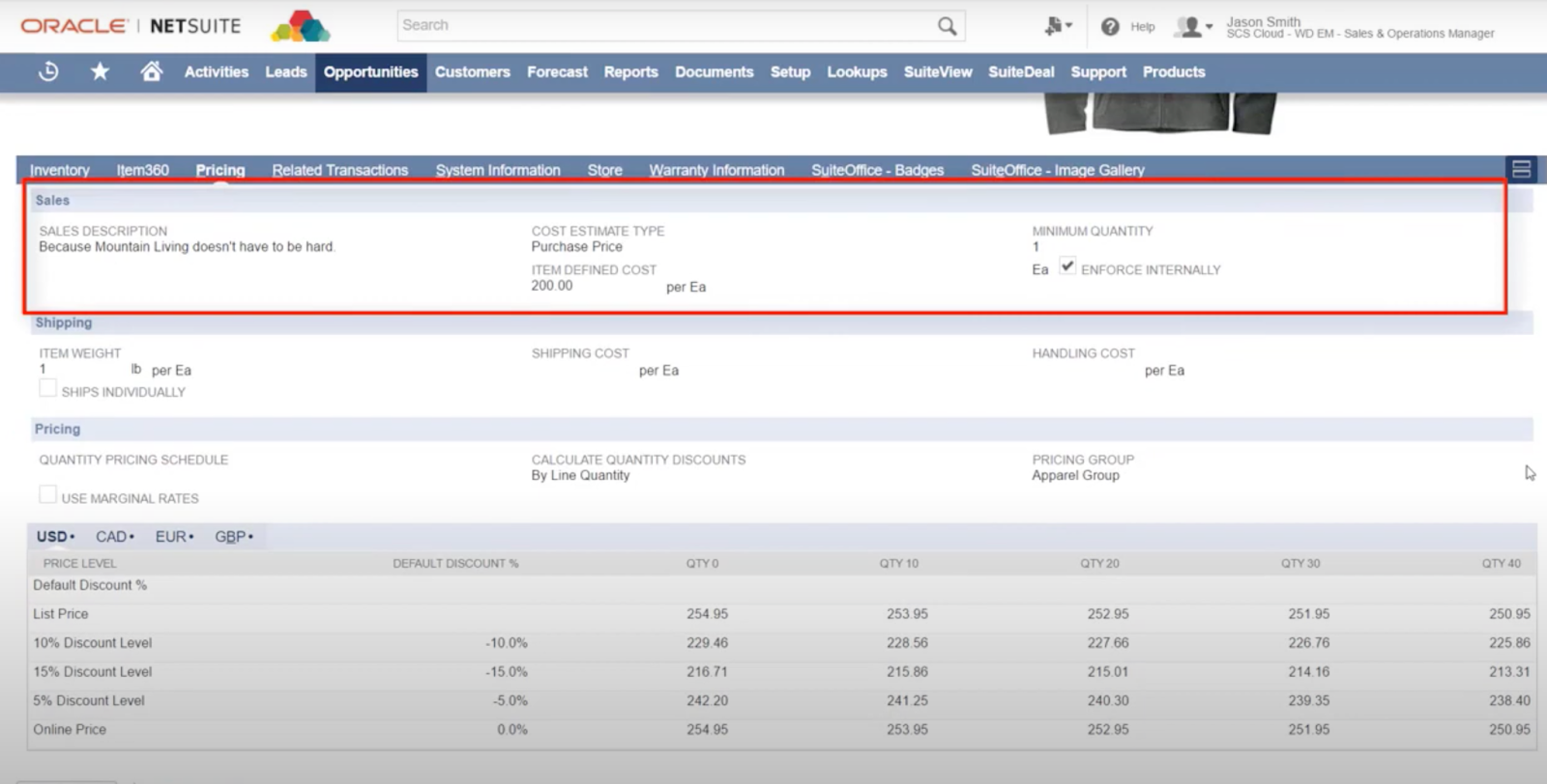 The pricing subtab within NetSuite, showing information such as sales, quantity, list price, and discount prices. 