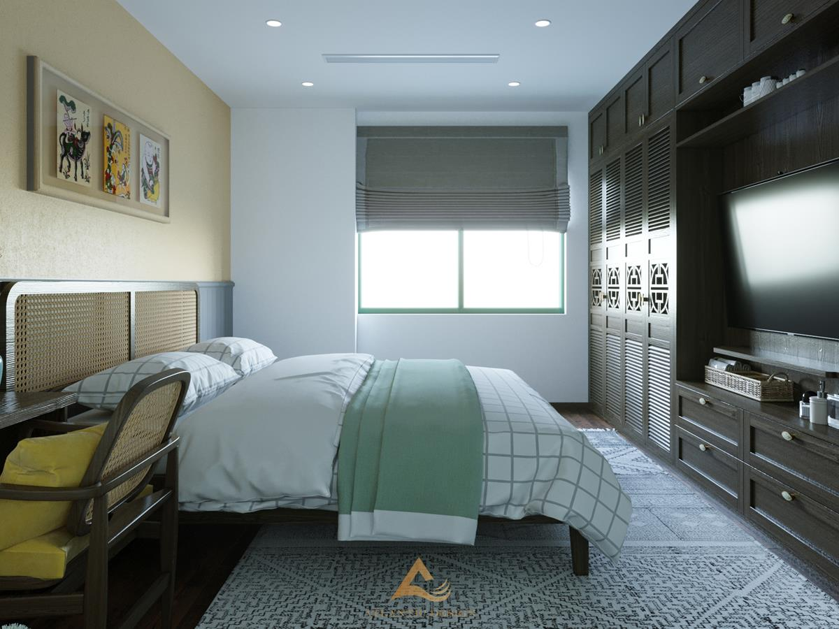 Phòng ngủ được thiết kế độc đáo, mở ra điều kiện lý tưởng đến đón ánh nắng ban mai ấm áp qua khung cửa sổ
