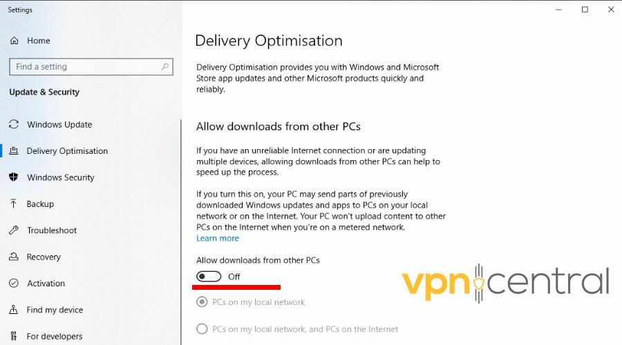 windows delivery optimization settings allow downloads from other PCs off