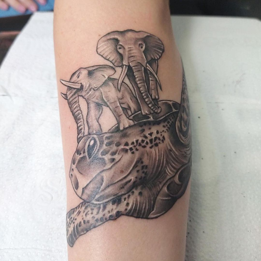 Two Elephants on Turtle Tattoo