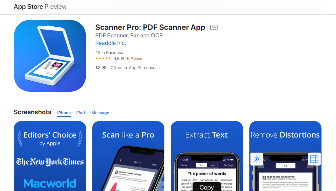screenshot of the Scanner Pro iOS app listing