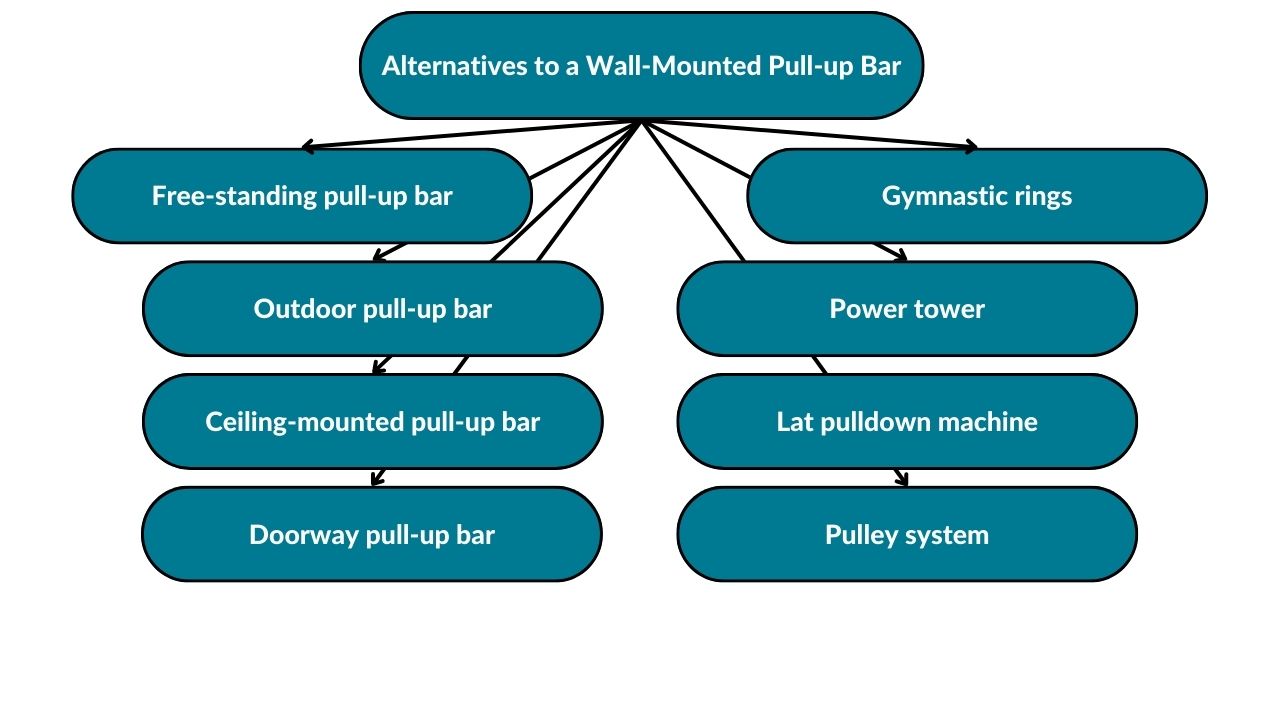 The image showcases different alternatives to the wall-mounted pull-up bar. These include free-standing pull-up bars, outdoor pull-up bars, ceiling pull-up bars, doorway pull-up bars, pulley systems, lat pulldown machines, power towers, and gymnastic rings.