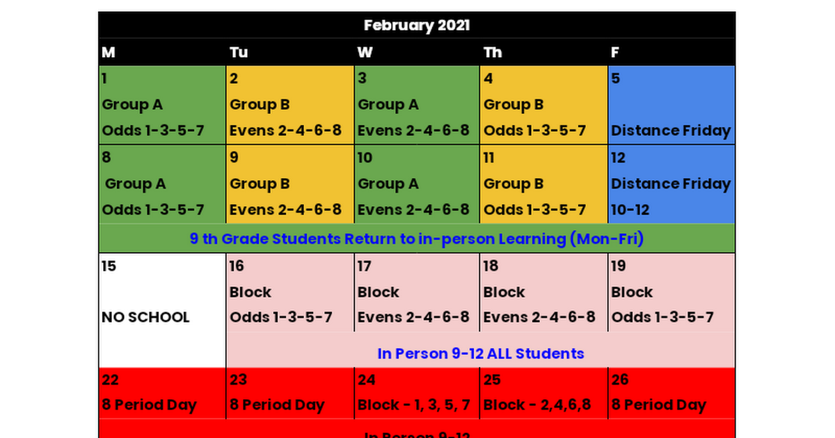 DLHS Calendar for Distance Learning Mode