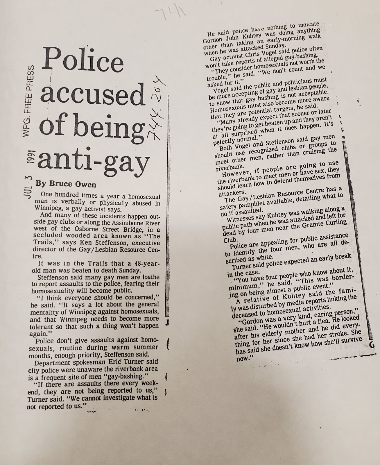 A Winnipeg Free Press article dated July 3 1991 with a headline that reads “Police accused of being anti-gay.”