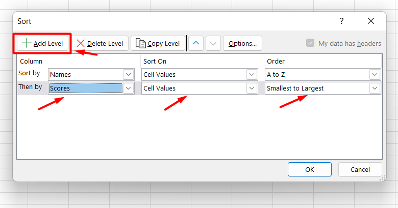 how to alphabetize in Excel- add new levels for sorting