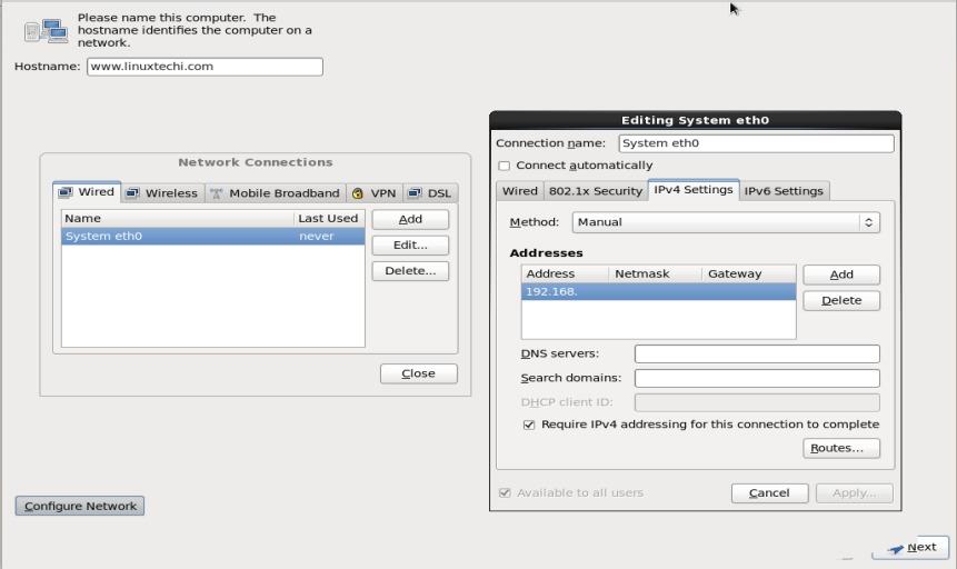 Set Hostname and networking in rhel6 installation