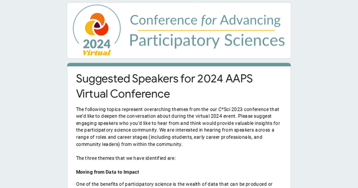 Suggested Speakers for 2024 AAPS Virtual Conference