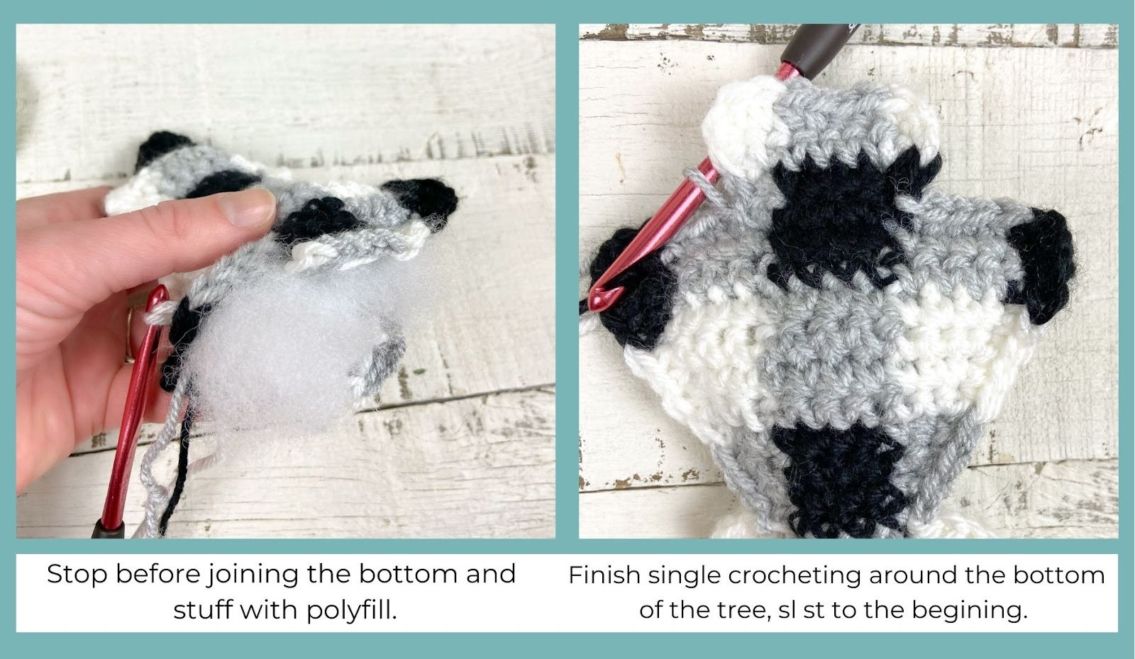 stuff the christmas tree panels with polyfill and single crochet closed