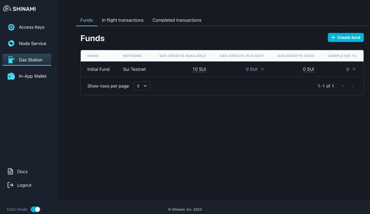 screenshot of the Shinami Gas Station dashboard