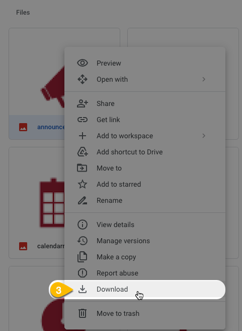 Step 3: "Download" is chosen in the menu after right clicking on an image in the Google folder.