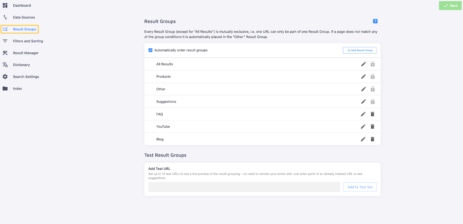 Result Groups section