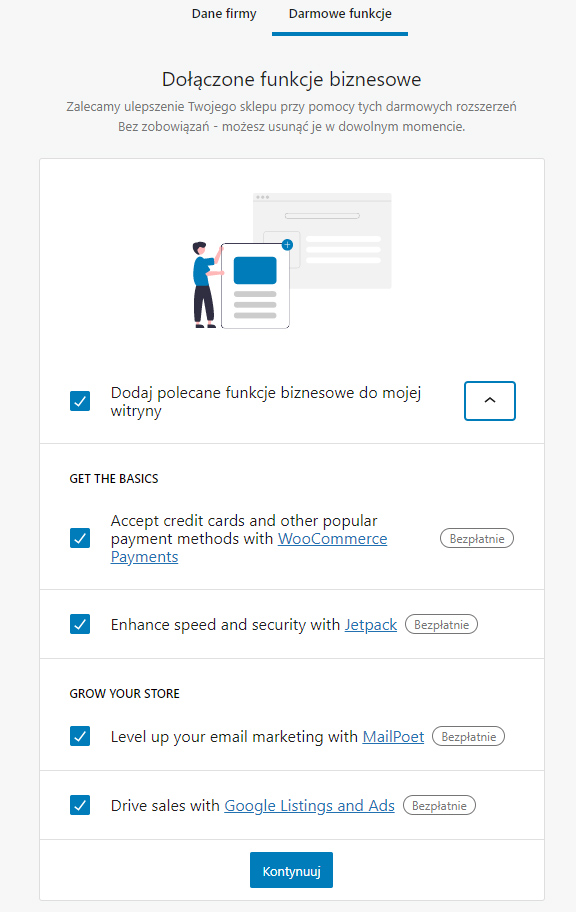 Instalacja WooCommerce w kreatorze - darmowe funkcje