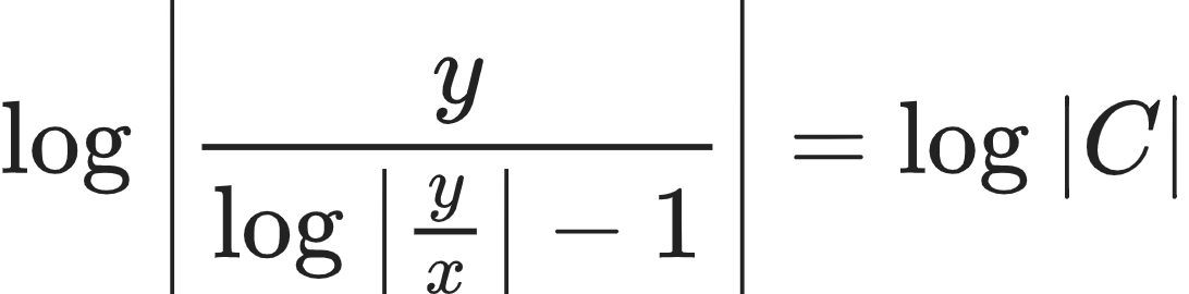 {"type":"align*","font":{"color":"#222222","family":"Arial","size":10},"code":"\\begin{align*}\n{\\log_{}\\left|\\frac{y}{\\log_{}\\left|\\frac{y}{x}\\right|-1}\\right|}&={\\log_{}\\left|C\\right|}\t\n\\end{align*}","id":"16-1-0-0-0-1-0-1-0-0-0-1-0-1-1-1-1-1-0","ts":1604222033257,"cs":"/rTkcgw/sVEifX2ipstuew==","size":{"width":181,"height":44}}