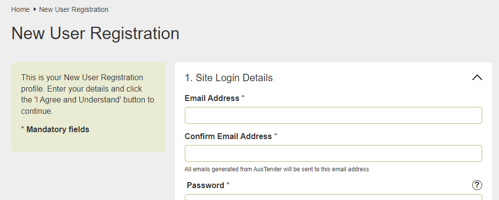 The new user registration page of the AusTender website