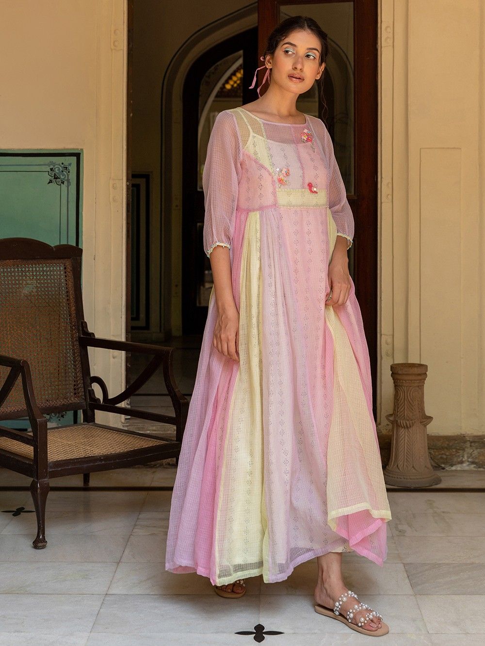 the loom - Pink Lilac Crochet Cotton Kota Doria Dress 