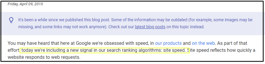 গুগল ২০১০ সালে website speed optimization নিয়ে যেই র‍্যাংকিং ফ্যাক্টর চালু করেছিল তার স্ক্রিন্শট