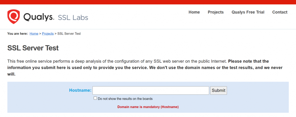 Capture d'écran de la page d'accueil du test de serveur SSL de Qualys