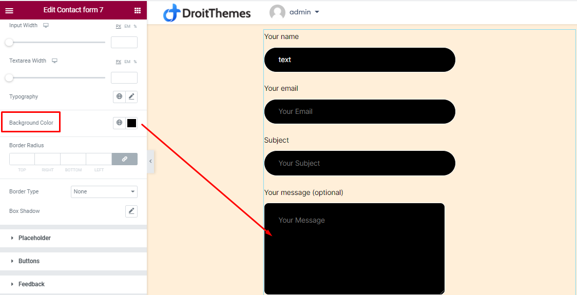 Contact Form widget's field settings tab 